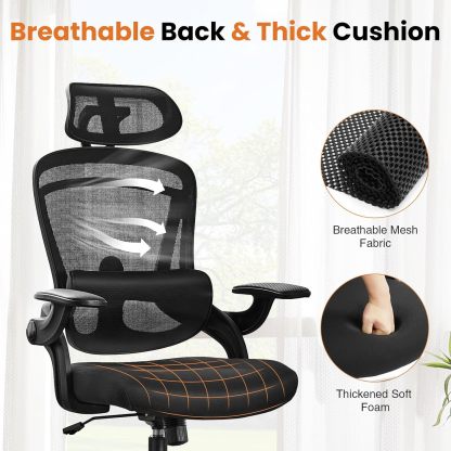Ergonomic Office Chair with Headrest Adjustable Lumbar Support Flip-up Armrests Mesh High Back Adjustable Height Computer Desk Gaming Chair with Flip-up Armrests,120°Tilt, Black