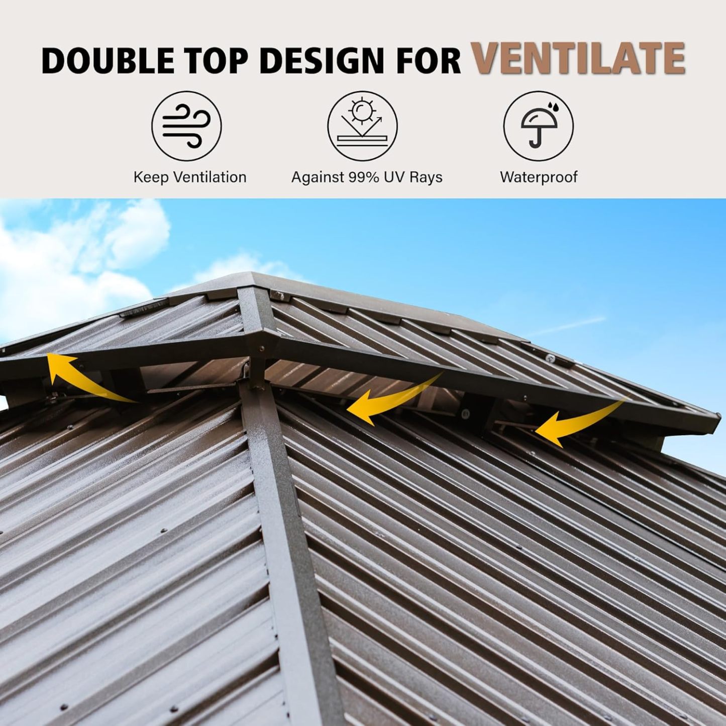 10x12ft Hardtop Gazebo Double Roof with Netting and Curtains, Outdoor Gazebo with Heavy Duty Aluminum Frame and Thick Columns