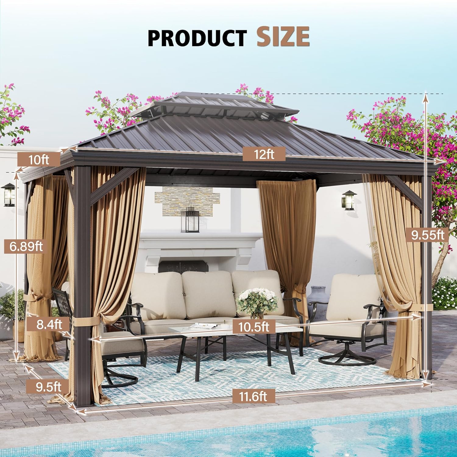 10x12ft Hardtop Gazebo Double Roof with Netting and Curtains, Outdoor Gazebo with Heavy Duty Aluminum Frame and Thick Columns
