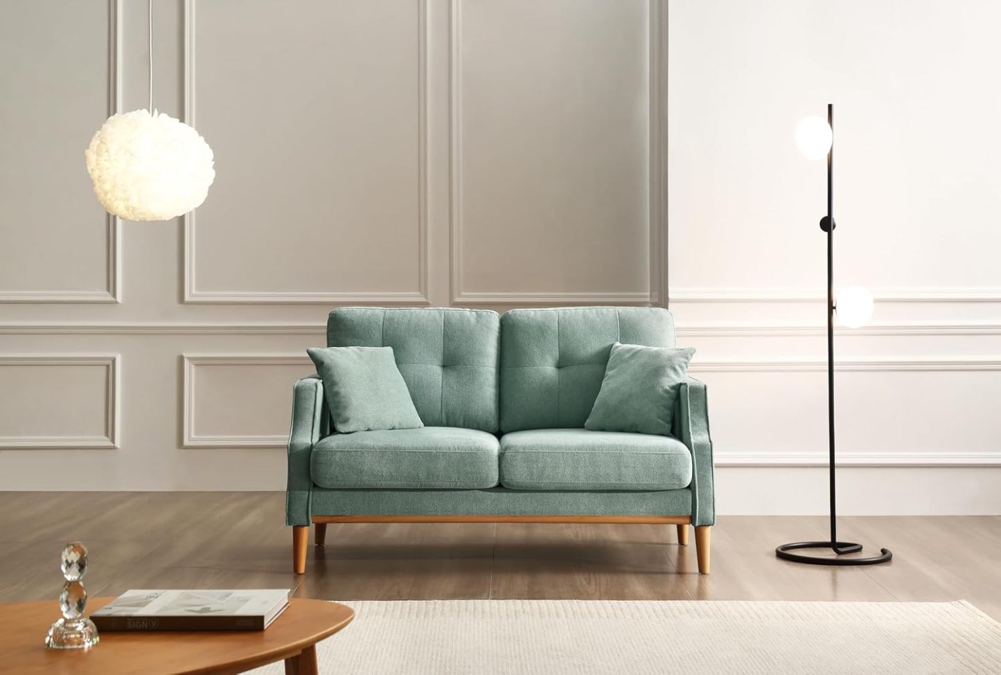 Mid Century Modern Loveseat Couch Small Sofa for Small Space Upholstered Couch with USB Port and 2 Pillows