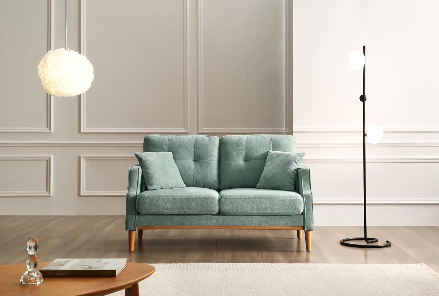 Mid Century Modern Loveseat Couch Small Sofa for Small Space Upholstered Couch with USB Port and 2 Pillows