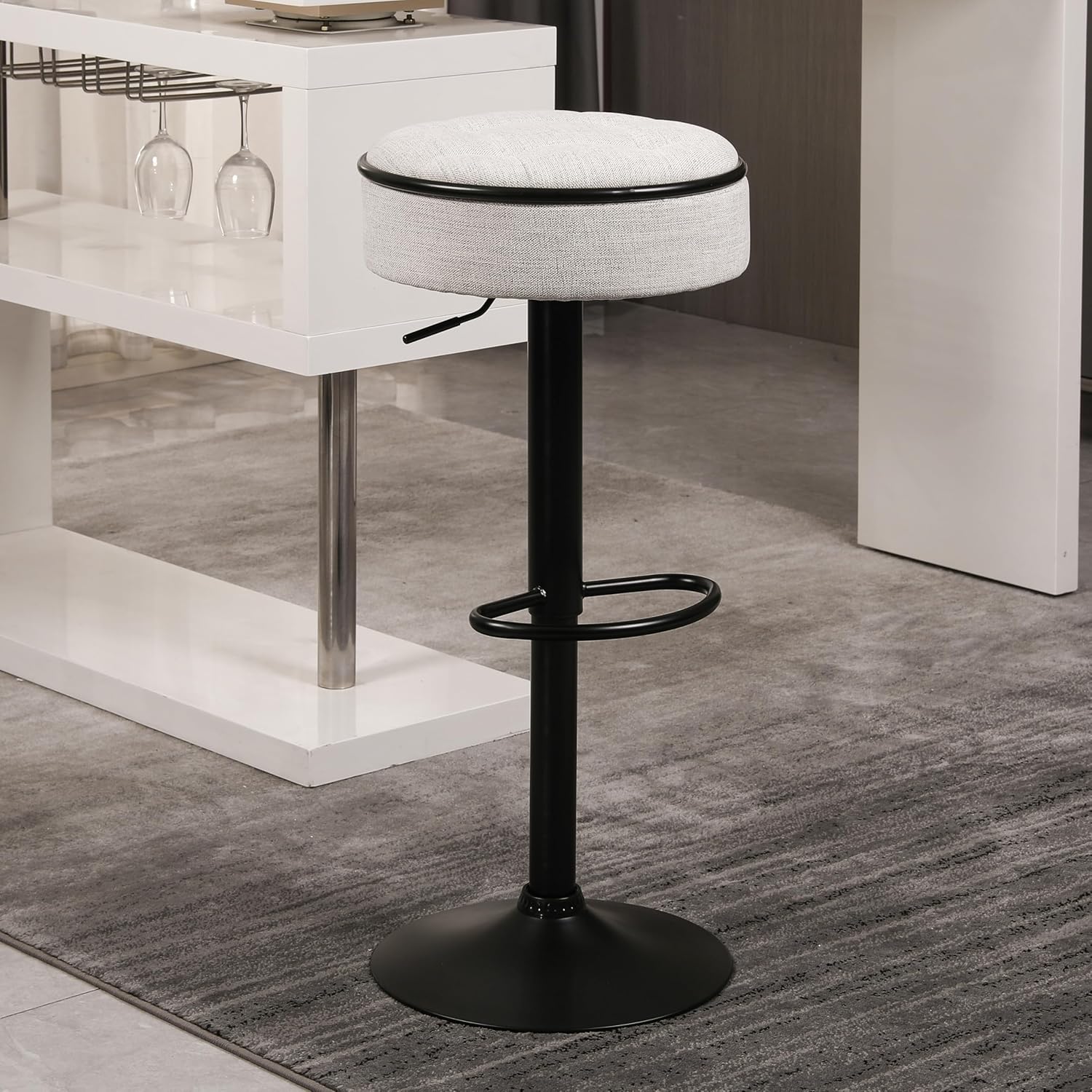 Bar Stools Set of 2 Modern Swivel Bar Chairs, Round Barstools Counter Height with Storage Space, Height Adjustable Linen Bar Stools