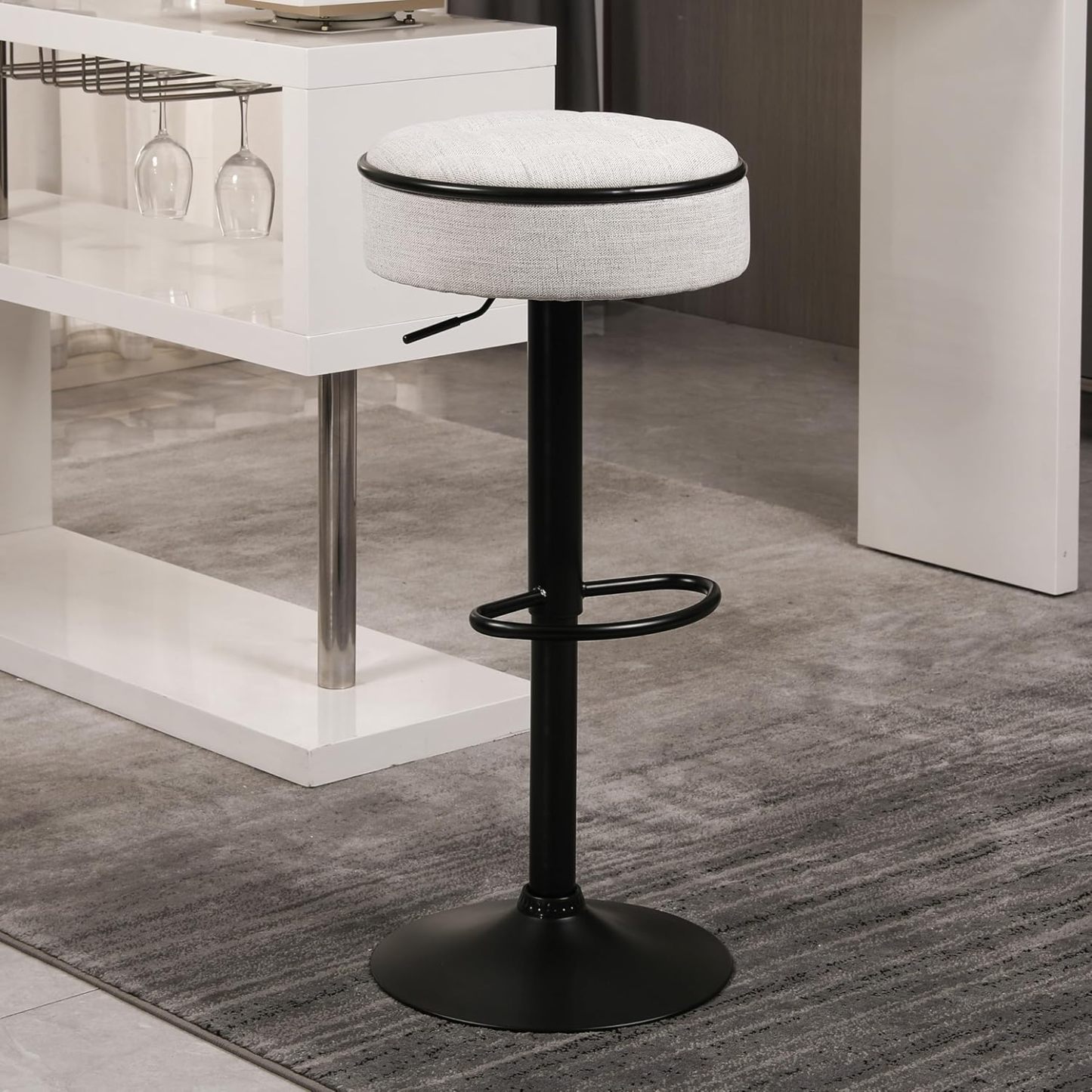 Bar Stools Set of 2 Modern Swivel Bar Chairs, Round Barstools Counter Height with Storage Space, Height Adjustable Linen Bar Stools