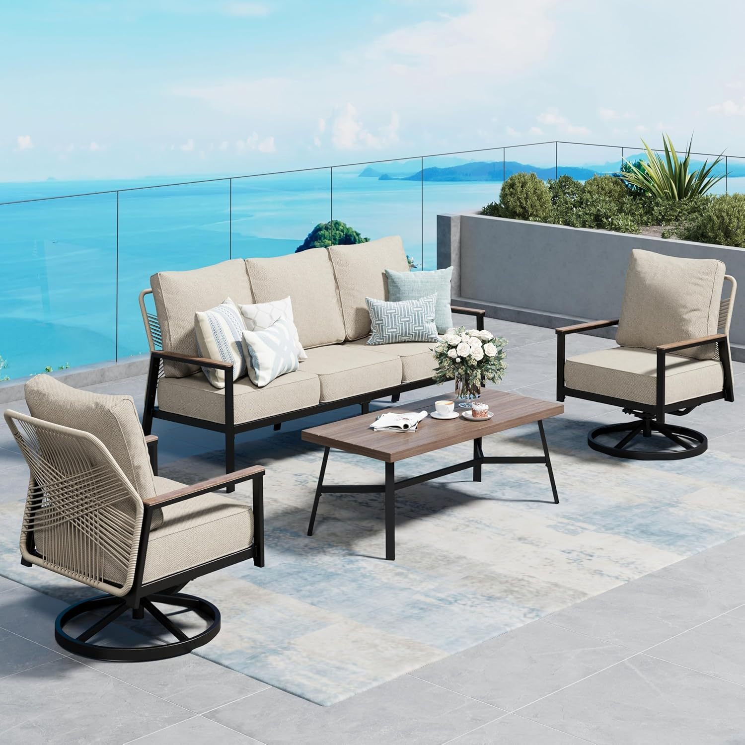 4 Piece Patio Furniture Set with Swivel Chairs, High Back Rope Rattan Outdoor Conversation Set with Extra Thick Cushion and Coffee Table