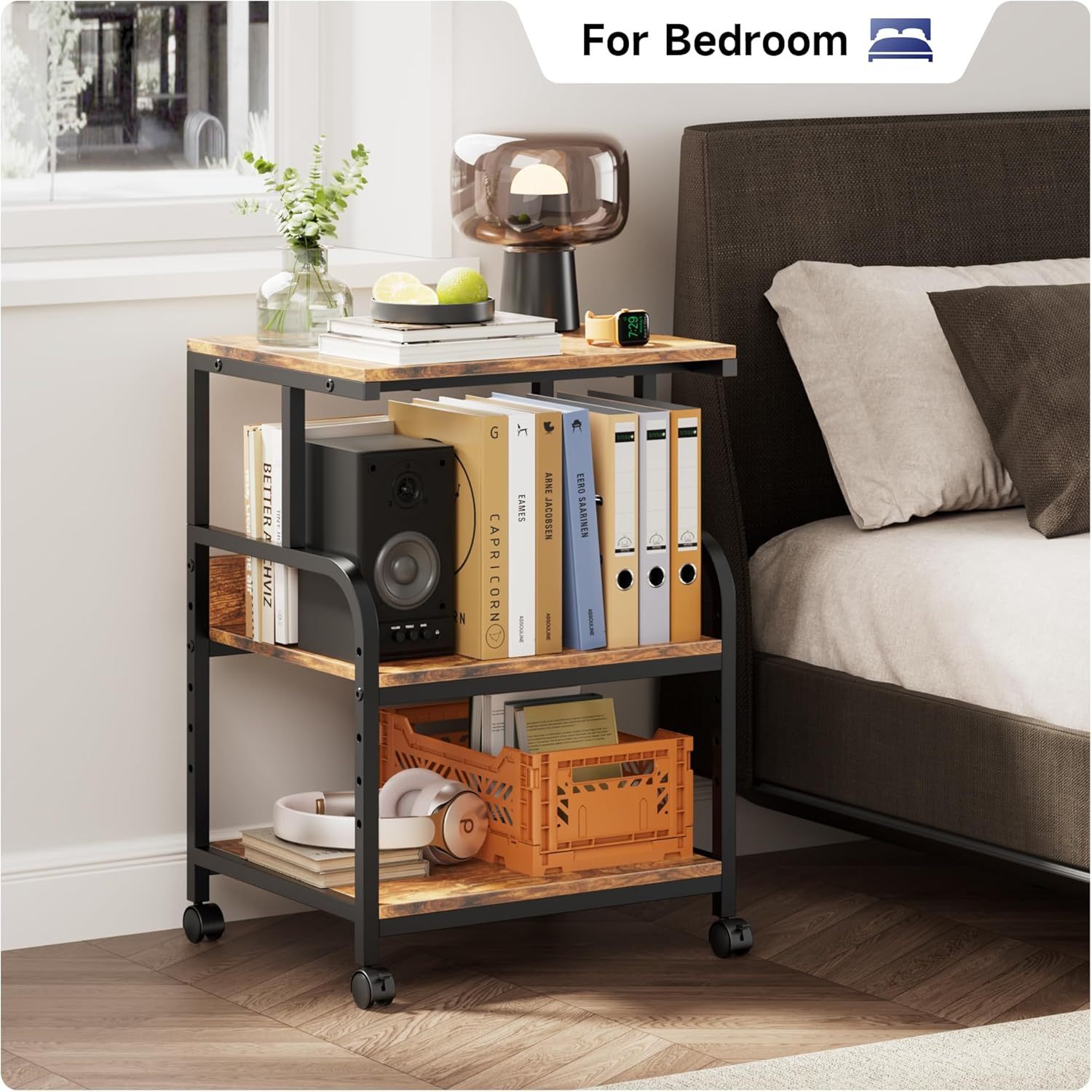 Printer Stand with Adjustable Storage Shelf - 20x16 inches Large Printer Table with Wheels - 3 Tier Rolling Printer Cart