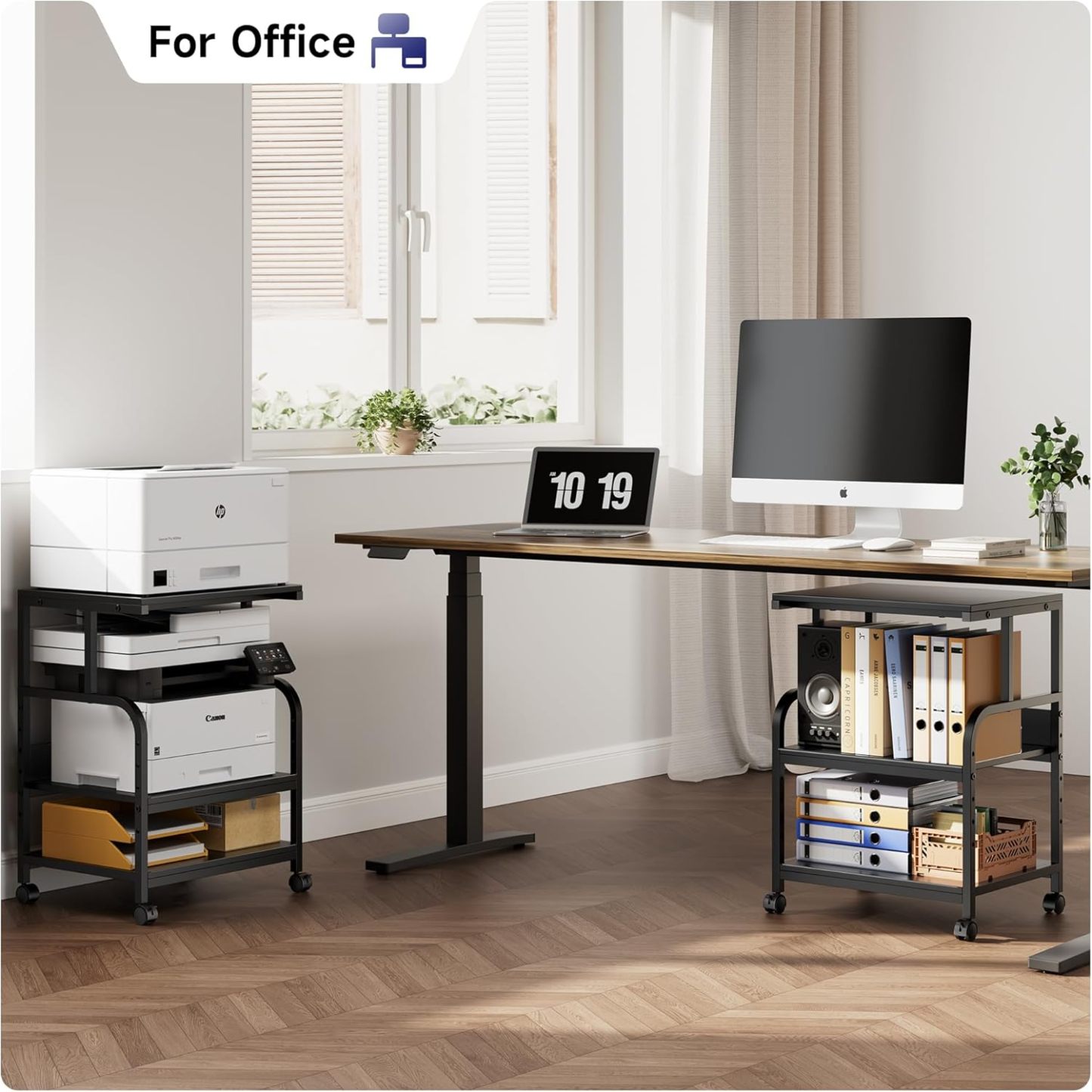 Printer Stand with Adjustable Storage Shelf - 20x16 inches Large Printer Table with Wheels - 3 Tier Rolling Printer Cart