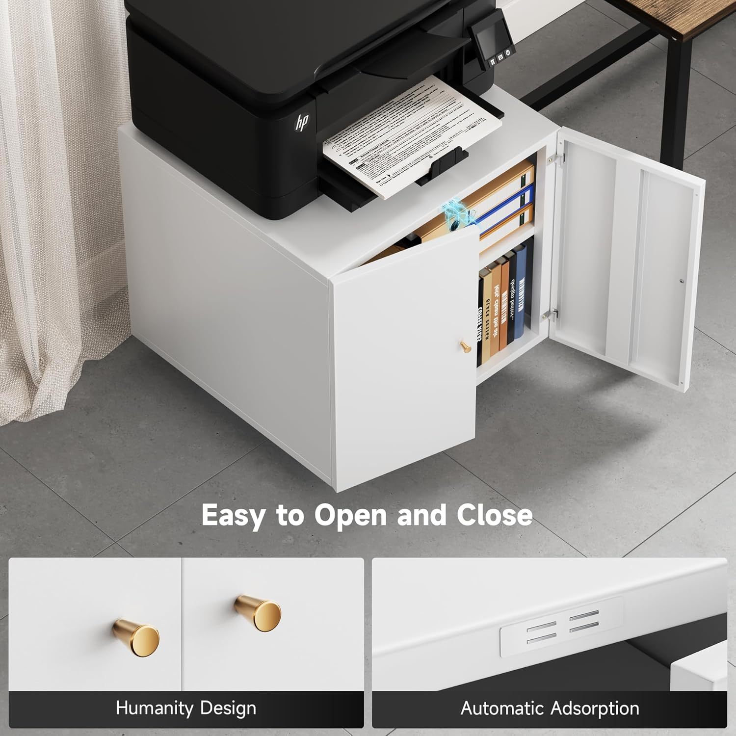 Metal Printer Stand with Storage Mobile Printer Tables for Small Spaces with Door Adjustable Shelf File Cabinet on Wheels for Home Office (White)