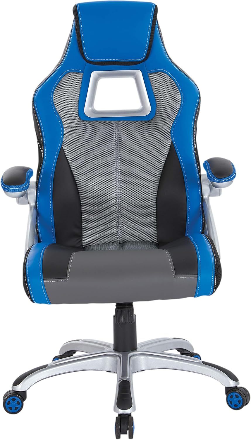 Race Car Adjustable Gaming Chair, Charcoal Grey Bonded Leather with Blue Accents