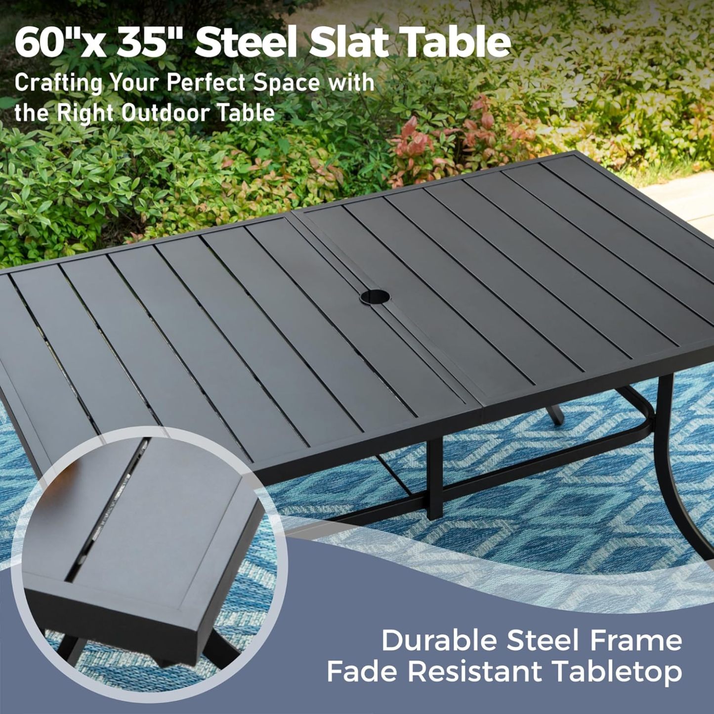 60'' x 35''x 29'' Patio Dining Table,Rectangular Outdoor for Garden Backyard Lawn Yard Furniture, Steel Frame with 1.57" Umbrella Hole
