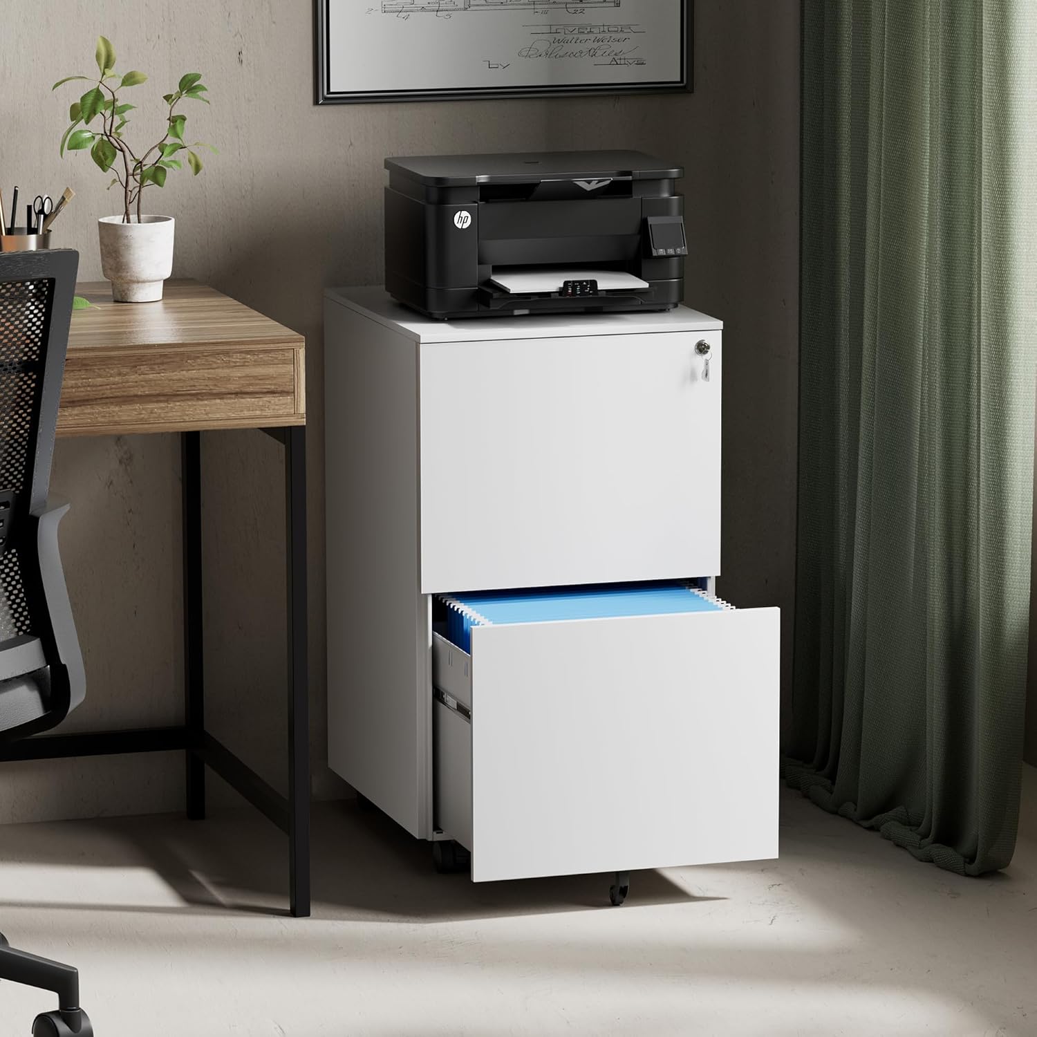 Metal Mobile File Cabinets for Home Office 2 Drawer Filing Cabinet with Lock Rolling Office File Cabinet fits A4/Letter/Legal Size Fully Assembled (White)