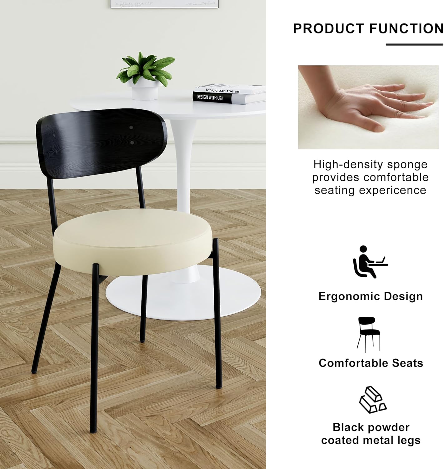 Black White Dining Table Chairs Set of 2, Upholstered Boucle Kitchen Dining Room Chairs, Vanity Chair with Back, Modern Comfy Accent Chairs