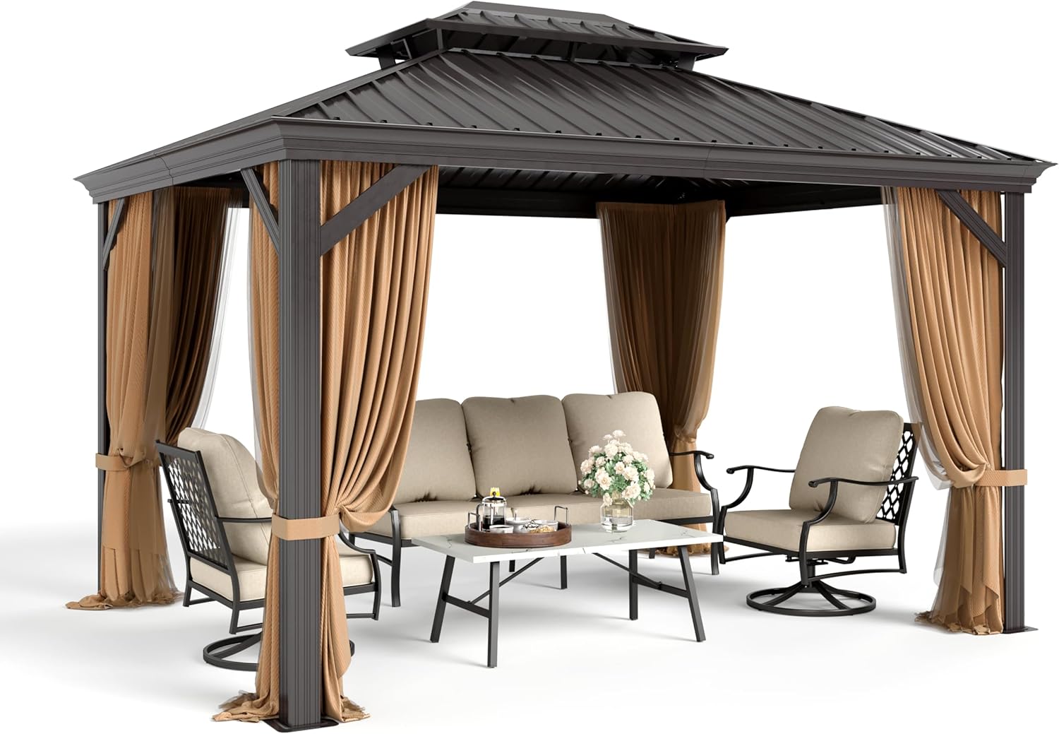 10x12ft Hardtop Gazebo Double Roof with Netting and Curtains, Outdoor Gazebo with Heavy Duty Aluminum Frame and Thick Columns