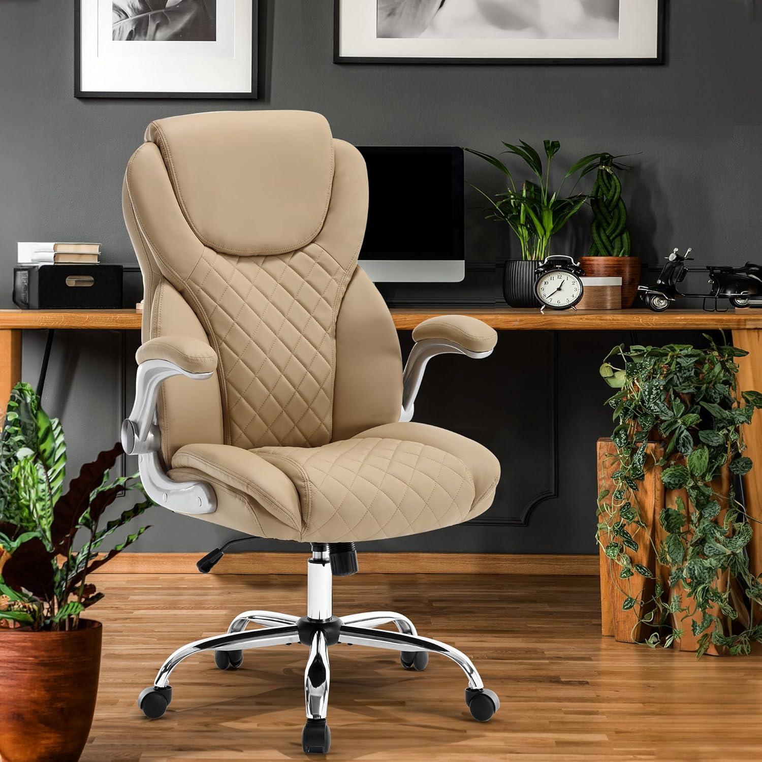 Executive Office Ergonomic Chair with Flip-up Armrests and Lumbar Support Computer High Back Adjustable Desk Chair Rocking PU Leather Modern Swivel Task Chair