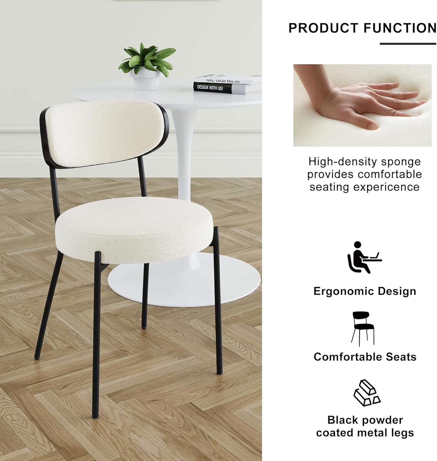 Cream White Dining Table Chairs Set of 2, Upholstered Boucle Kitchen Dining Room Chairs, Vanity Chair with Back, Modern Comfy Accent Chairs