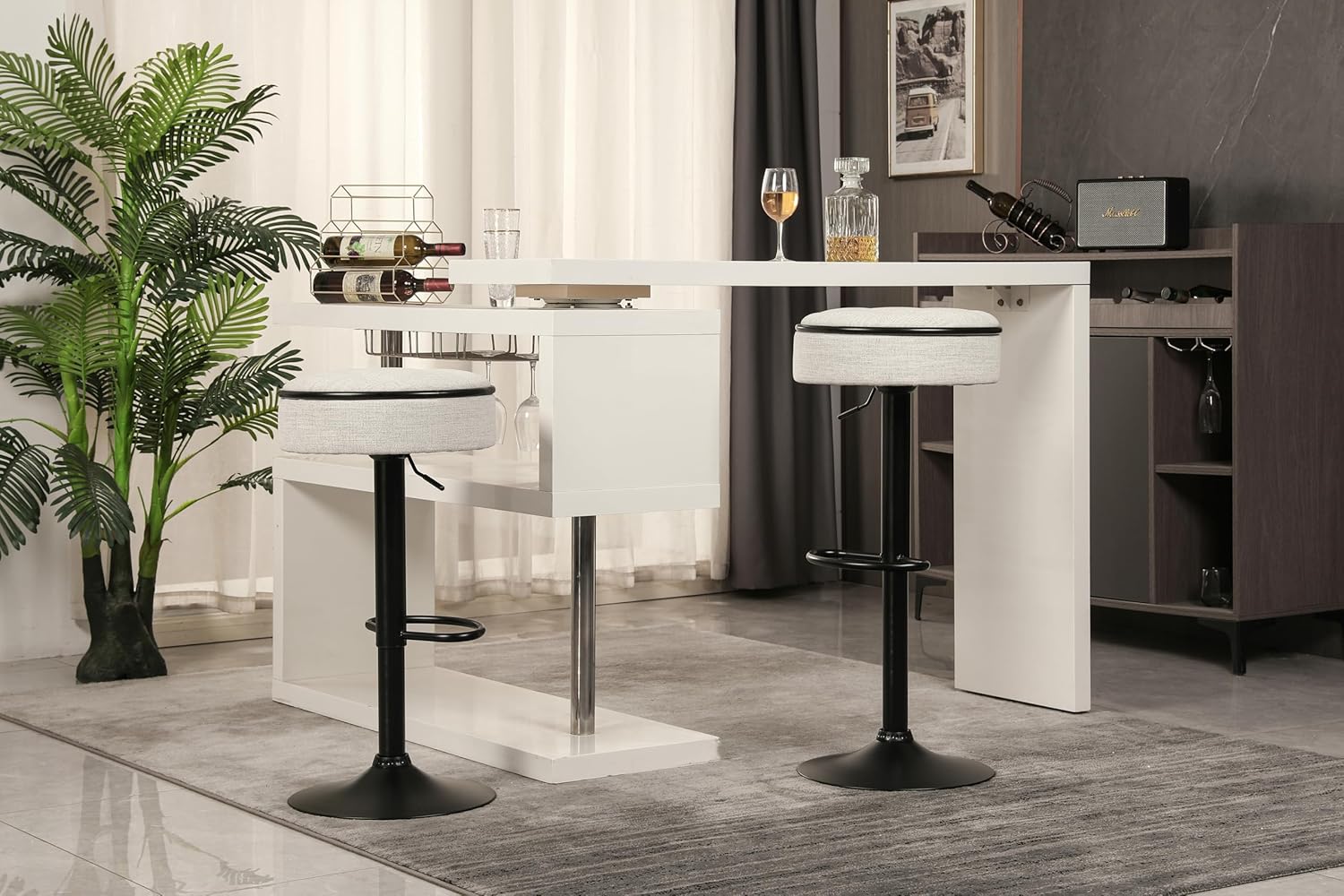 Bar Stools Set of 2 Modern Swivel Bar Chairs, Round Barstools Counter Height with Storage Space, Height Adjustable Linen Bar Stools