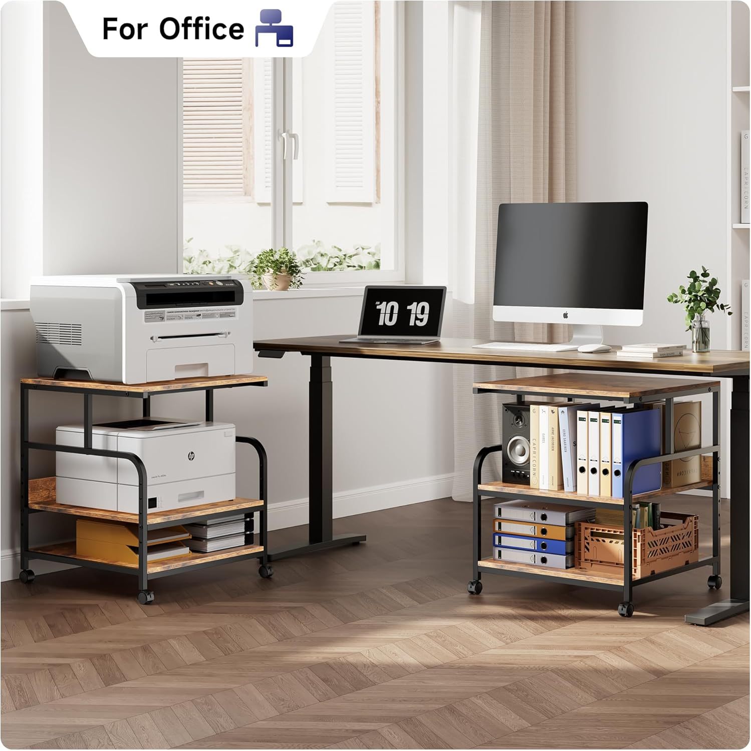 24x24 inches Printer Stand with Adjustable Storage Shelf - Large Printer Table with Wheels - 3 Tier Rolling Printer Cart