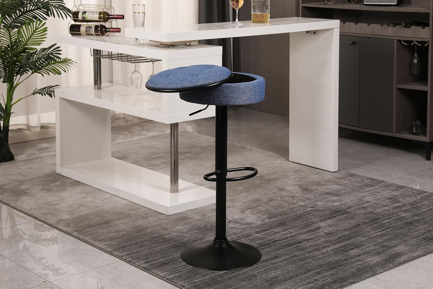 Bar Stools Set of 2 Modern Swivel Bar Chairs, Round Barstools Counter Height with Storage Space, Height Adjustable Linen Bar Stools