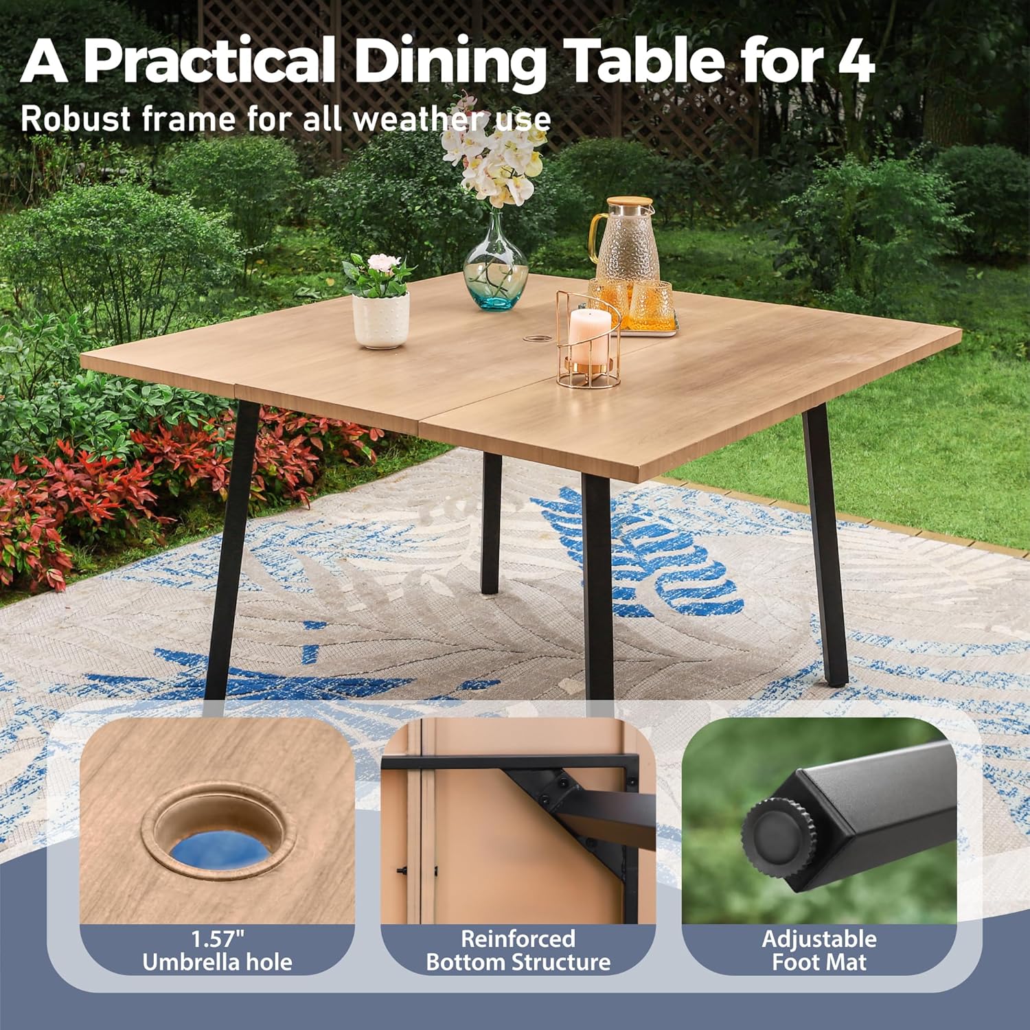 47" x 47" x 28" Patio Dining Table for 4-6, Big Metal Wood-Like Square Table with 1.57" Umbrella Hole for Garden, Backyard, Deck and Porch