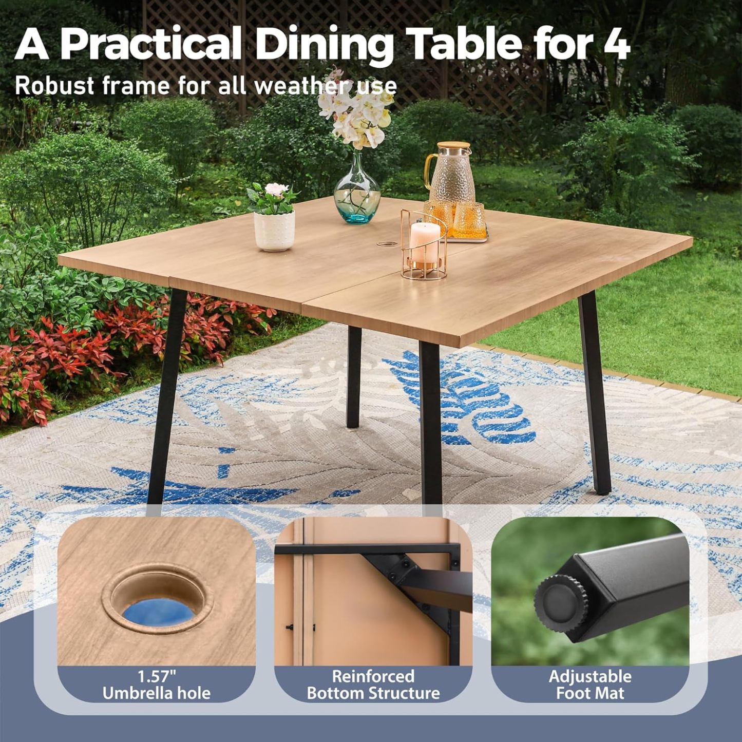 47" x 47" x 28" Patio Dining Table for 4-6, Big Metal Wood-Like Square Table with 1.57" Umbrella Hole for Garden, Backyard, Deck and Porch