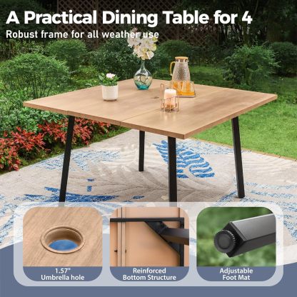 47" x 47" x 28" Patio Dining Table for 4-6, Big Metal Wood-Like Square Table with 1.57" Umbrella Hole for Garden, Backyard, Deck and Porch