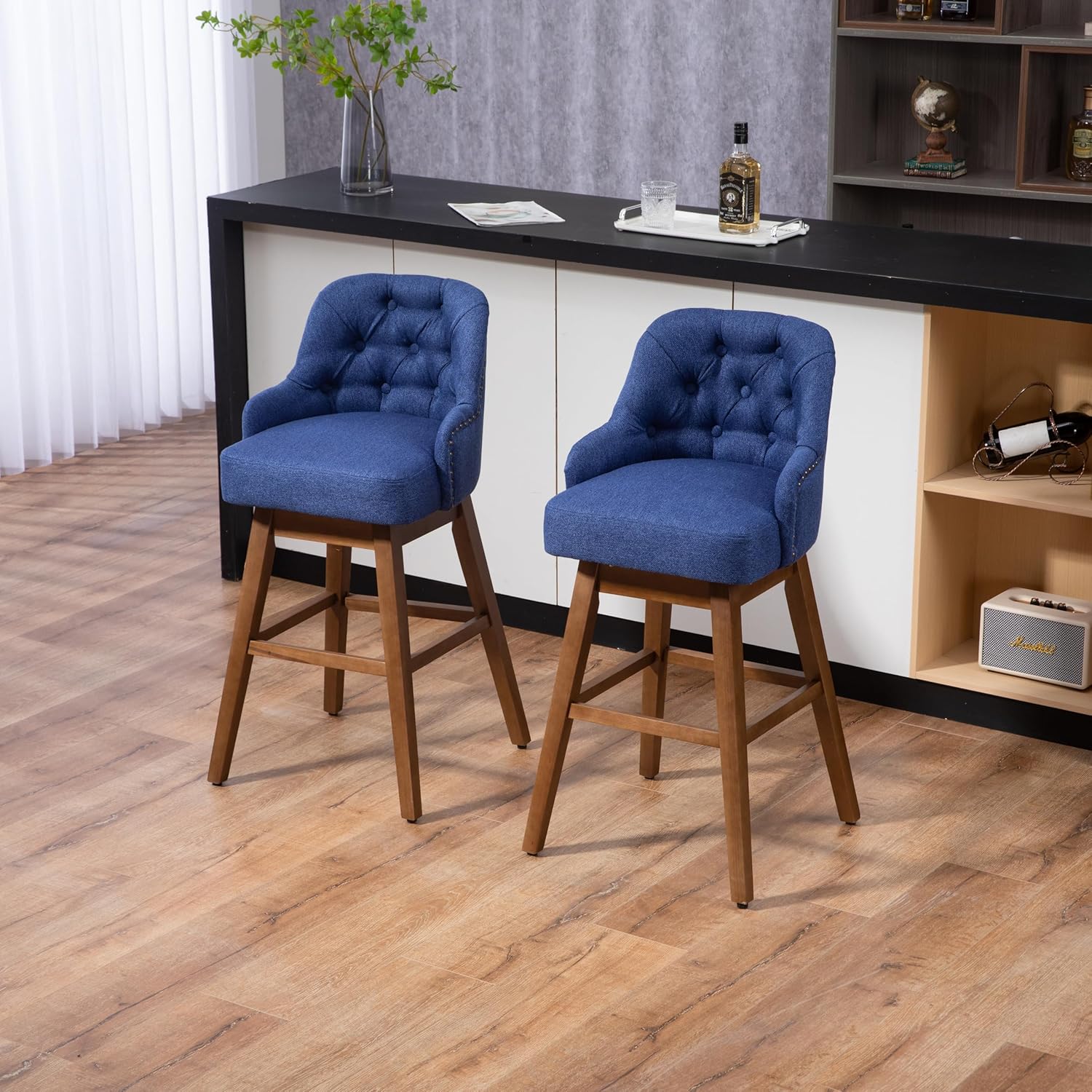 Wooden Bar Chairs Set of 2, Modern Swivel Bar Stools with Backs & Footrest, Upholstered Bar Height Chairs Barstools