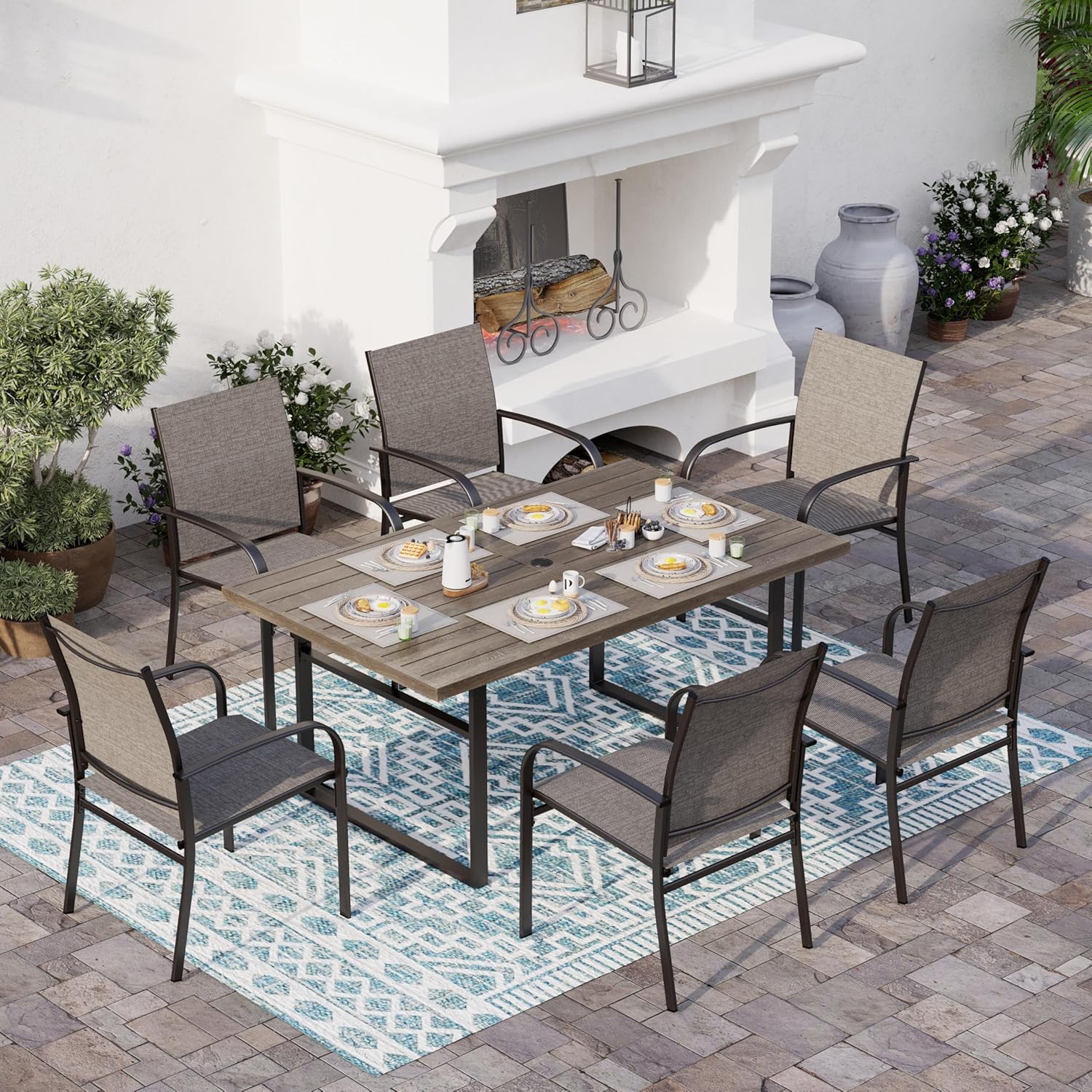 Patio Dining Table 63.8" x 38.2" x28.7" Rectangular Outdoor Dining Table with U-Shaped Legs,Steel Frame with 1.57" Umbrella Hole for Garden Backyard