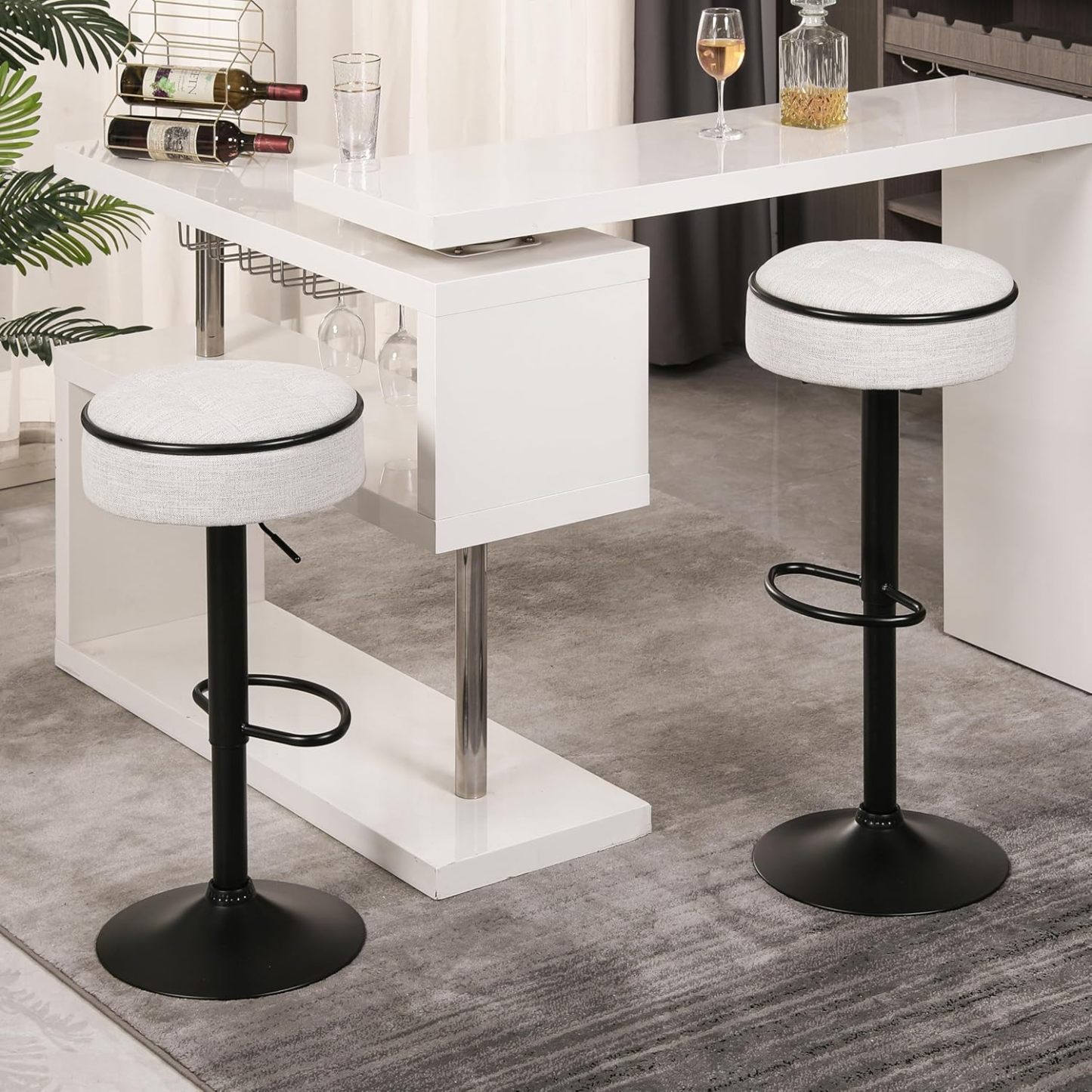 Bar Stools Set of 2 Modern Swivel Bar Chairs, Round Barstools Counter Height with Storage Space, Height Adjustable Linen Bar Stools