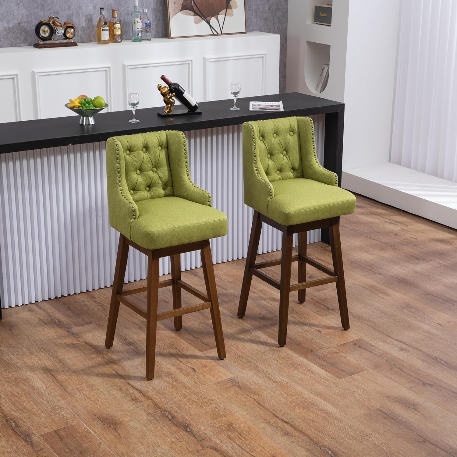 Wooden Bar Chairs Set of 2, Modern Swivel Bar Stools with Backs & Footrest, Upholstered Bar Height Chairs Barstools