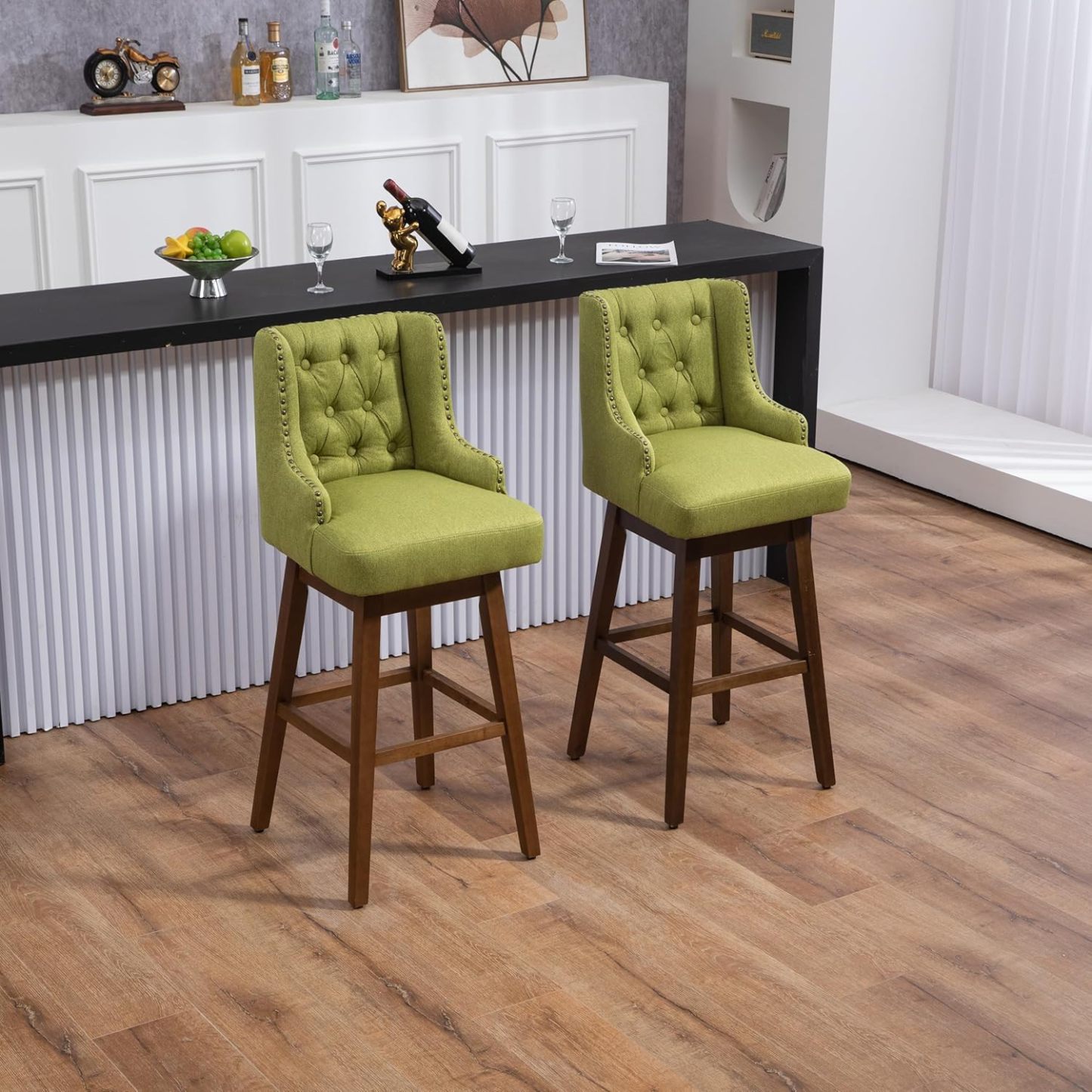 Wooden Bar Chairs Set of 2, Modern Swivel Bar Stools with Backs & Footrest, Upholstered Bar Height Chairs Barstools