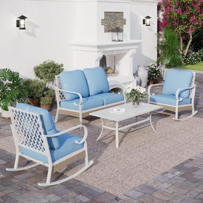 4 Piece Metal Outdoor Patio Furniture Sets, Patio Conversation Sets 1 2-seater Sofa, 2 Single Sofa with 5.75" Extra Thick Cushion and Coffee Table