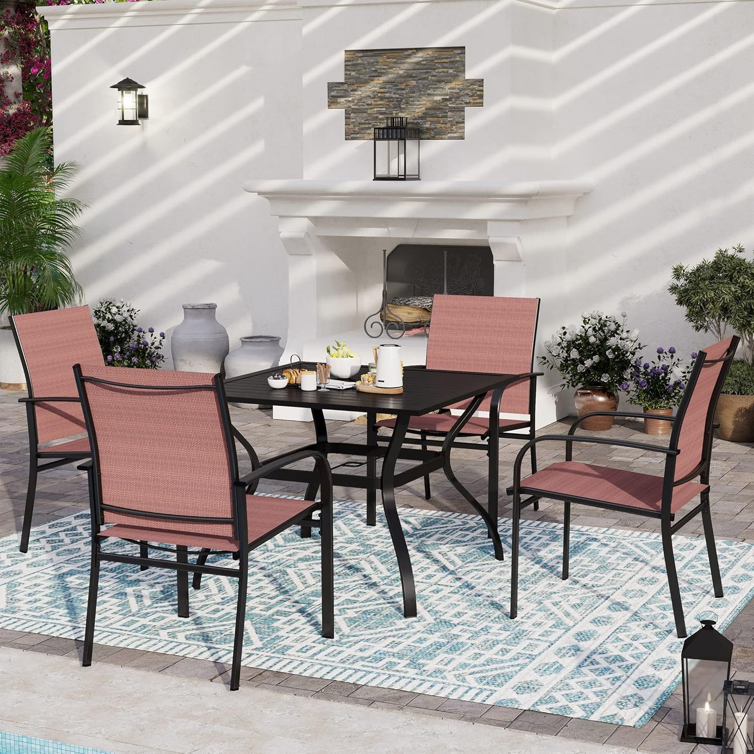 4 Piece Patio Chairs，Outdoor Dining Chairs for 4,Garden Backyard Lawn Yard Furniture,Red Stable Patio Dining Chairs Steel Frame with Textilene Fabric Chair