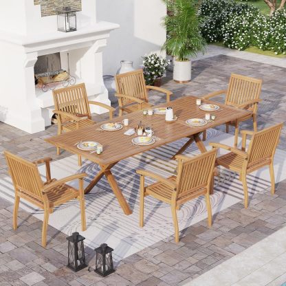Acacia Wood 7 Piece Patio Dining Sets for 6, Outdoor Dining Set with Expandable Teak Dining Table(1.97" Umbrella Hole) & Wooden Chairs, Outdoor Table and Chairs for Backyard,Deck