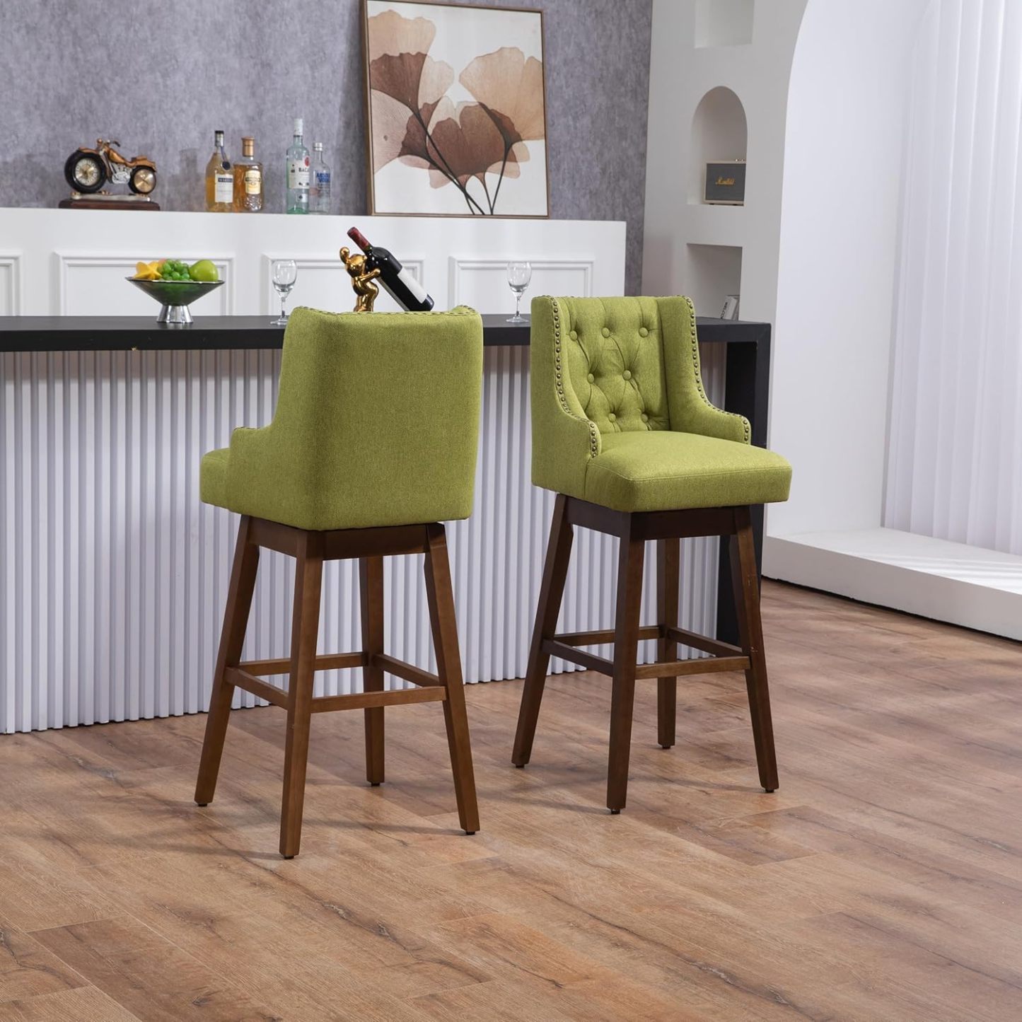 Wooden Bar Chairs Set of 2, Modern Swivel Bar Stools with Backs & Footrest, Upholstered Bar Height Chairs Barstools