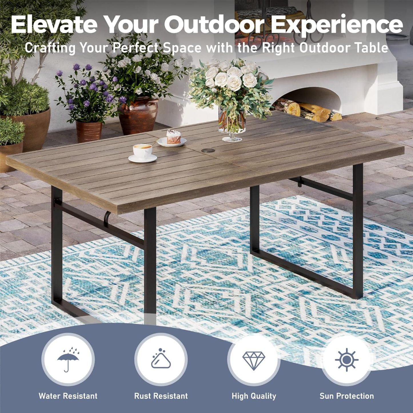 Patio Dining Table 63.8" x 38.2" x28.7" Rectangular Outdoor Dining Table with U-Shaped Legs,Steel Frame with 1.57" Umbrella Hole for Garden Backyard