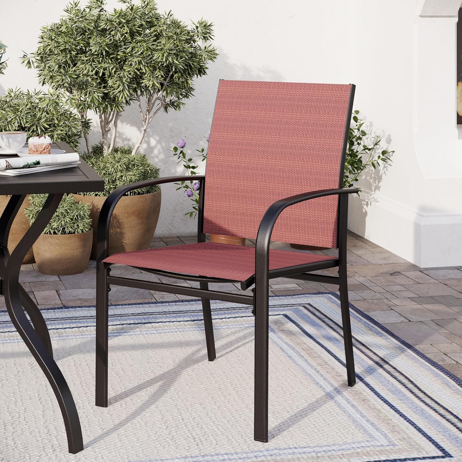 4 Piece Patio Chairs，Outdoor Dining Chairs for 4,Garden Backyard Lawn Yard Furniture,Red Stable Patio Dining Chairs Steel Frame with Textilene Fabric Chair