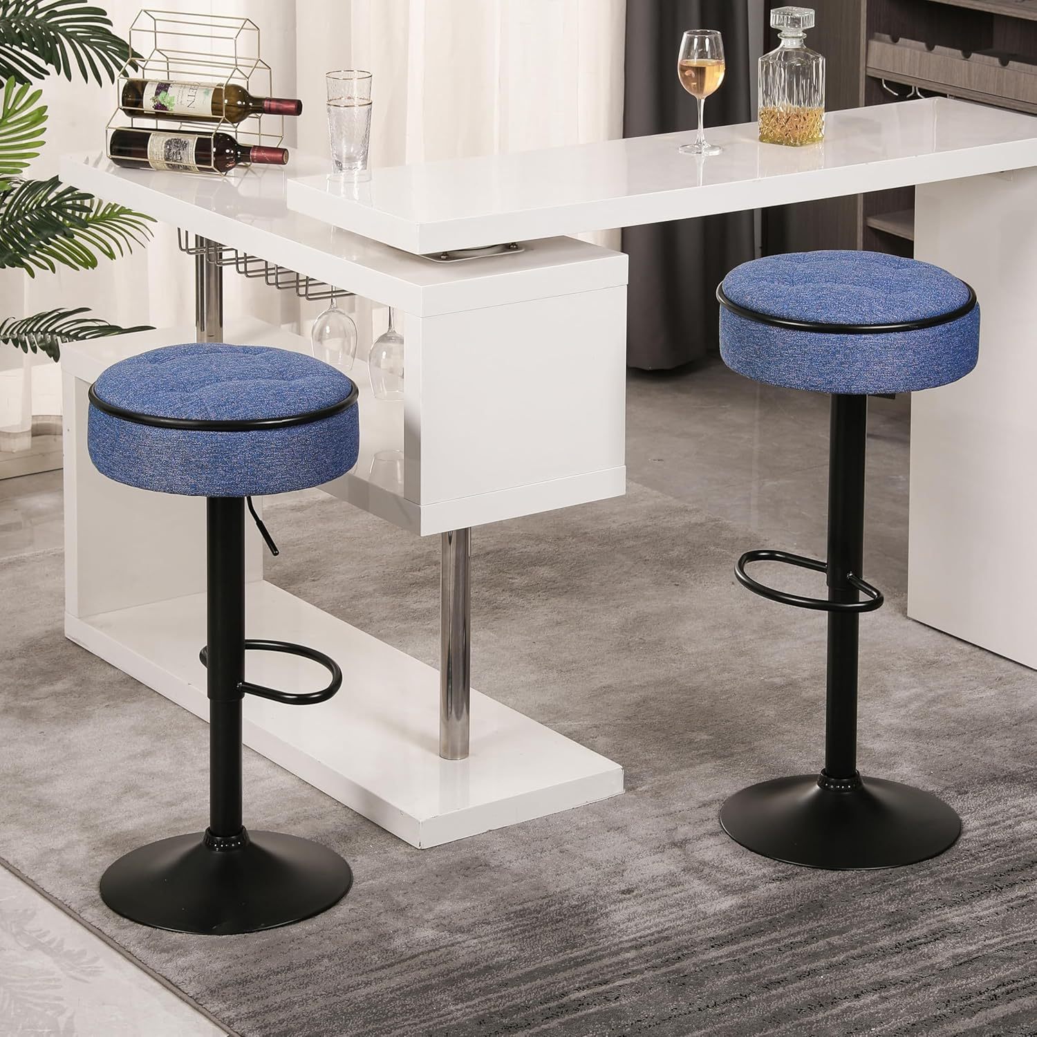 Bar Stools Set of 2 Modern Swivel Bar Chairs, Round Barstools Counter Height with Storage Space, Height Adjustable Linen Bar Stools
