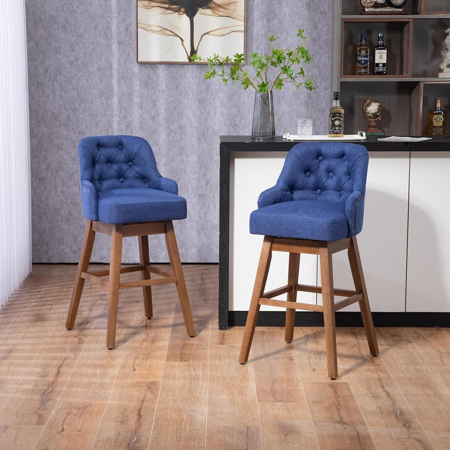Wooden Bar Chairs Set of 2, Modern Swivel Bar Stools with Backs & Footrest, Upholstered Bar Height Chairs Barstools