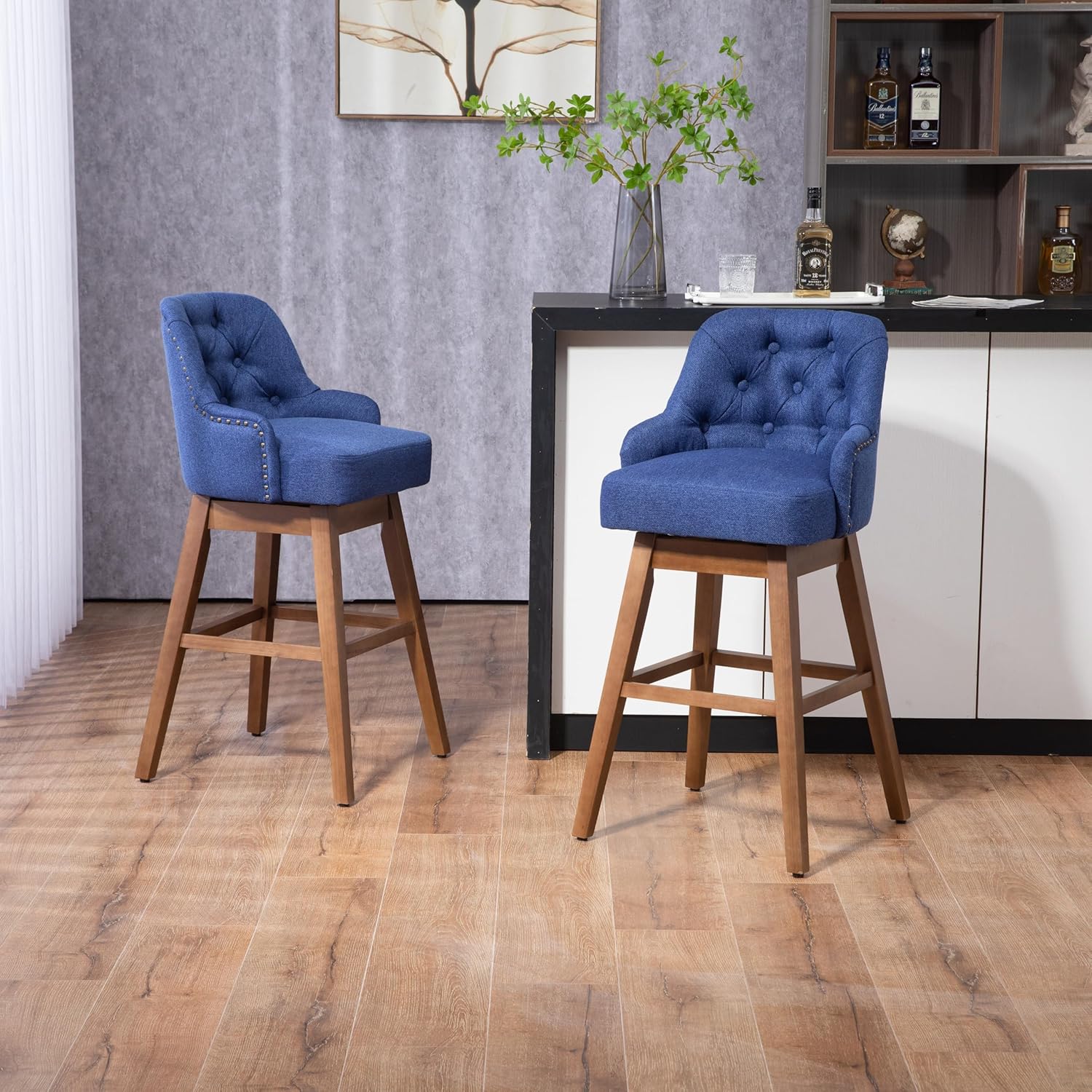 Wooden Bar Chairs Set of 2, Modern Swivel Bar Stools with Backs & Footrest, Upholstered Bar Height Chairs Barstools