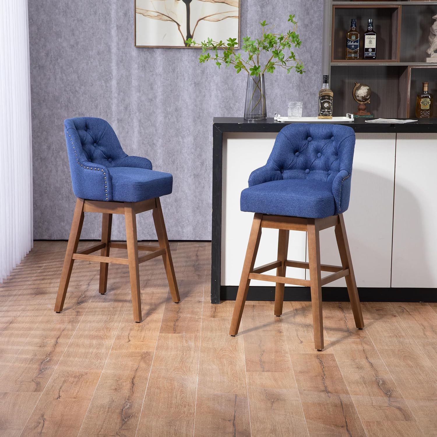 Wooden Bar Chairs Set of 2, Modern Swivel Bar Stools with Backs & Footrest, Upholstered Bar Height Chairs Barstools