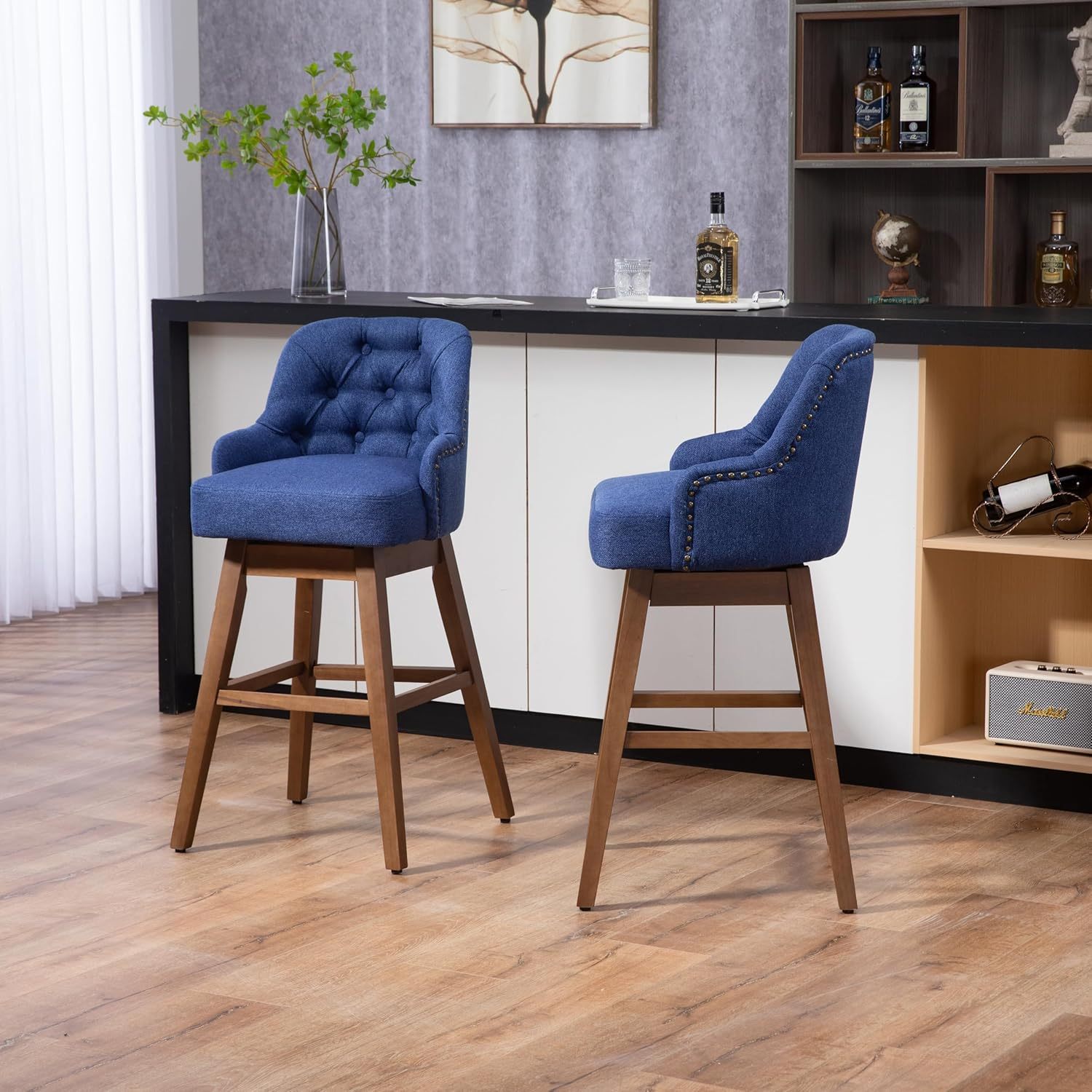 Wooden Bar Chairs Set of 2, Modern Swivel Bar Stools with Backs & Footrest, Upholstered Bar Height Chairs Barstools