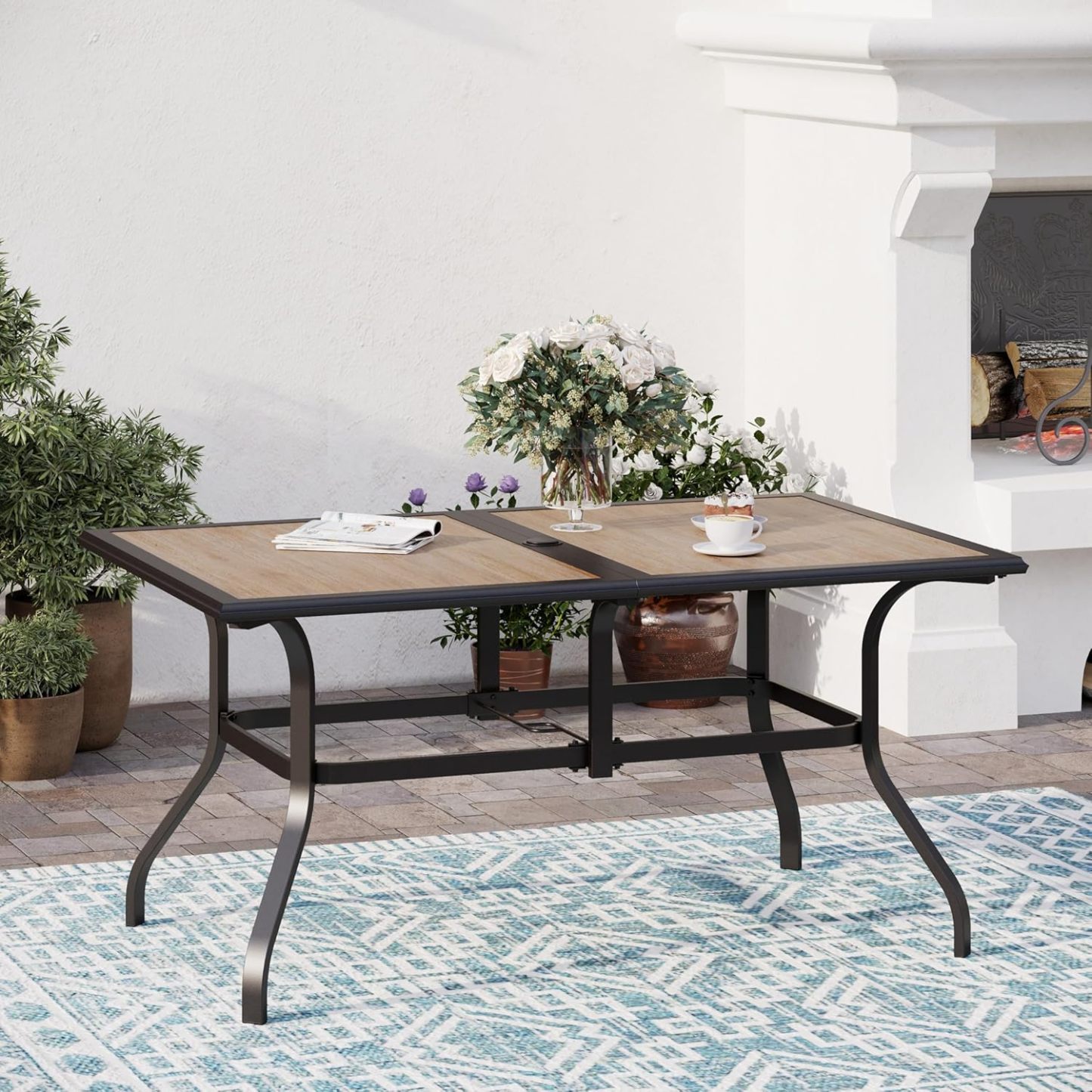 Patio Dining Table（Premium PVC Table Top）,60" x 37" x28" Rectangular Steel Outdoor Dining Table Steel Frame with 1.57" Umbrella Hole