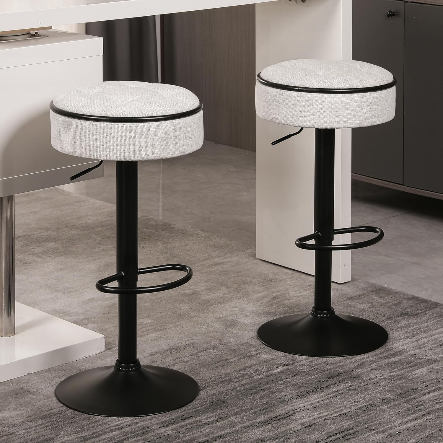 Bar Stools Set of 2 Modern Swivel Bar Chairs, Round Barstools Counter Height with Storage Space, Height Adjustable Linen Bar Stools