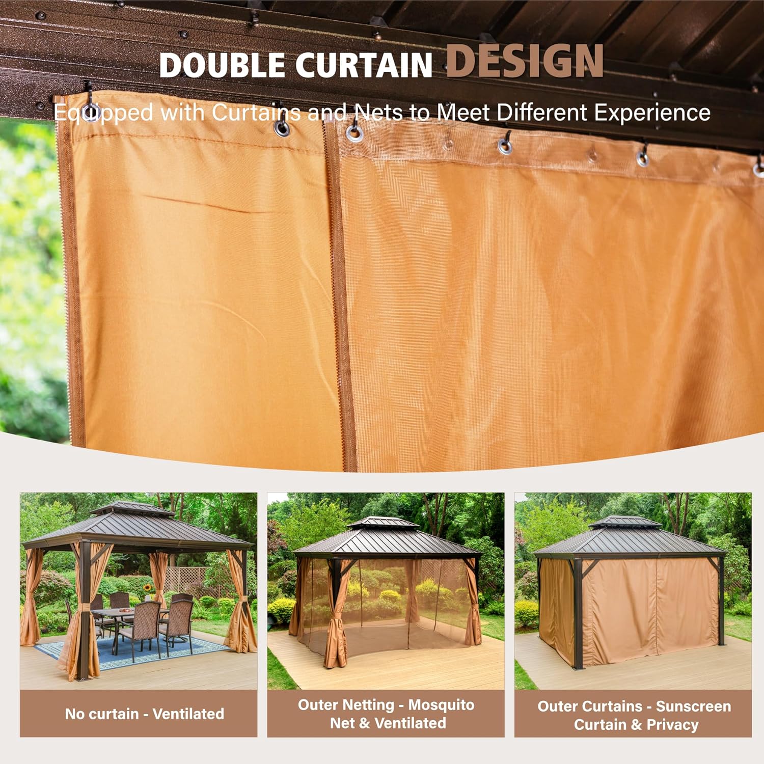 10x12ft Hardtop Gazebo Double Roof with Netting and Curtains, Outdoor Gazebo with Heavy Duty Aluminum Frame and Thick Columns