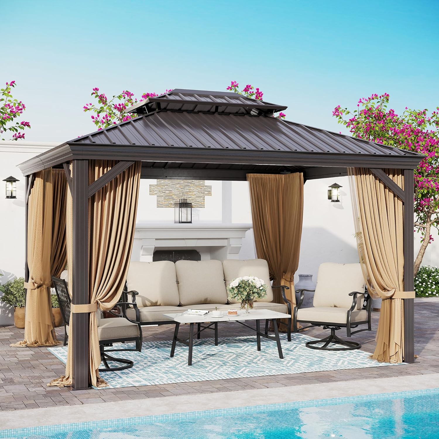 10x12ft Hardtop Gazebo Double Roof with Netting and Curtains, Outdoor Gazebo with Heavy Duty Aluminum Frame and Thick Columns