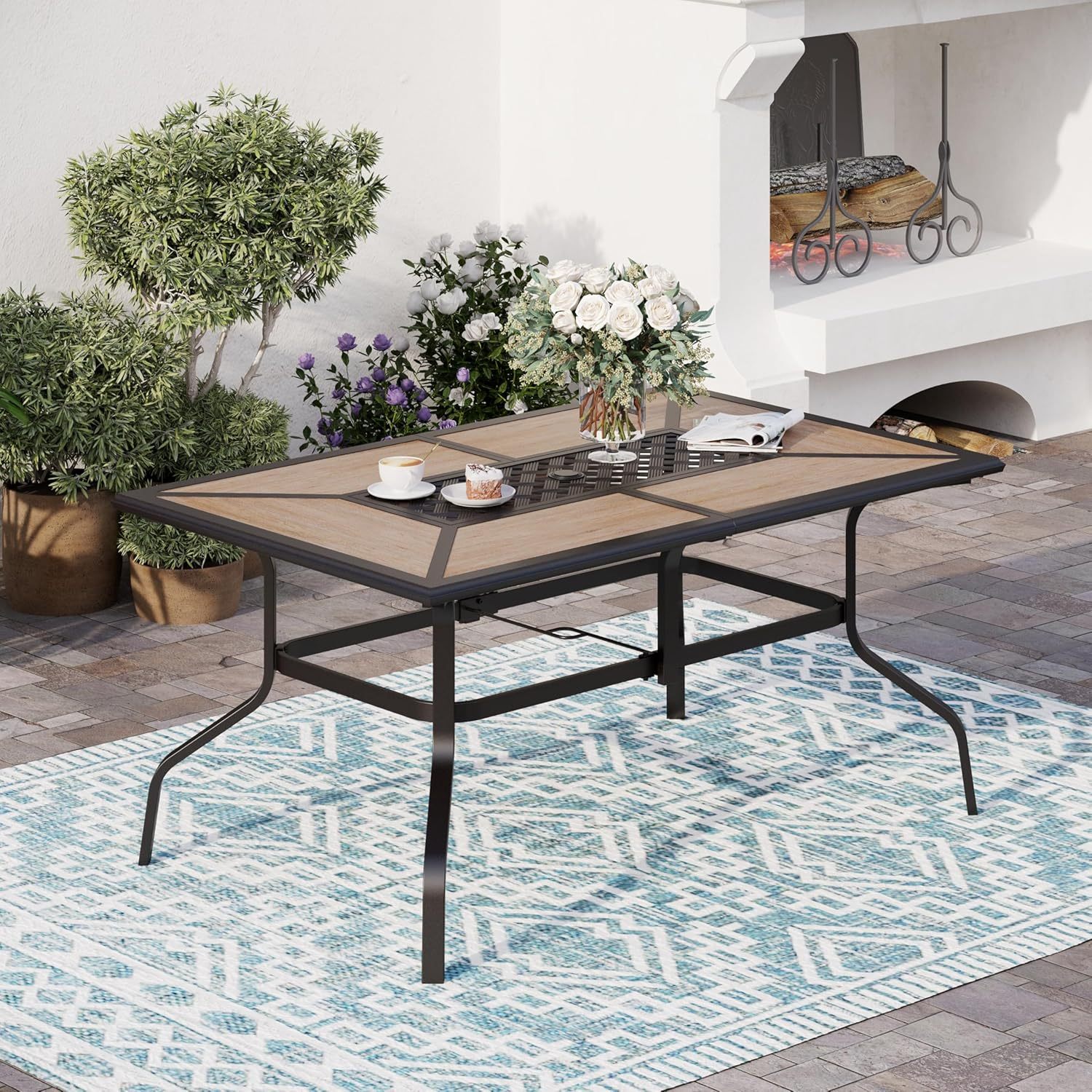 61" x 38" x 28" Patio Dining Table,（Premium PVC Table Top）,Rectangular Steel Outdoor Dining Table Steel Frame with 1.57" Umbrella Hole