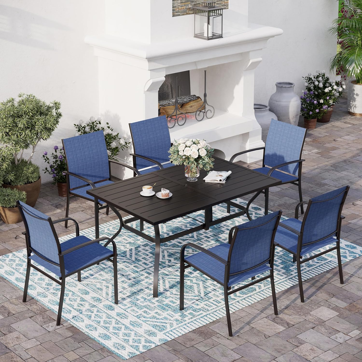 6 Piece Patio Chairs, Outdoor Dining Chairs for 6,Garden Backyard Lawn Yard Furniture, Blue Stable Patio Dining Chairs Steel Frame with Textilene Fabric Chair