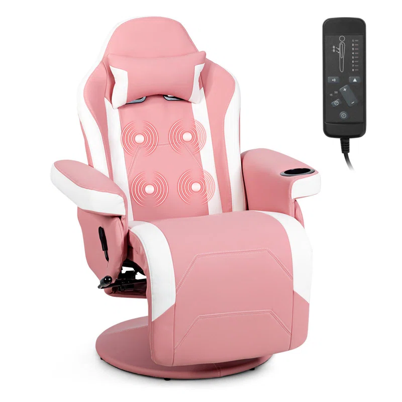 Adjustable Reclining Ergonomic Faux Leather Swiveling PC & Racing Game Chair with Footrest in Pink/White
