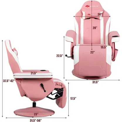 Adjustable Reclining Ergonomic Faux Leather Swiveling PC & Racing Game Chair with Footrest in Pink/White