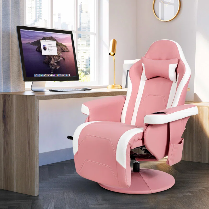 Adjustable Reclining Ergonomic Faux Leather Swiveling PC & Racing Game Chair with Footrest in Pink/White