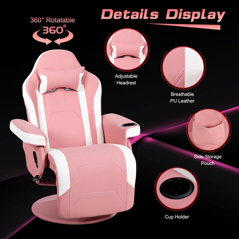 Adjustable Reclining Ergonomic Faux Leather Swiveling PC & Racing Game Chair with Footrest in Pink/White